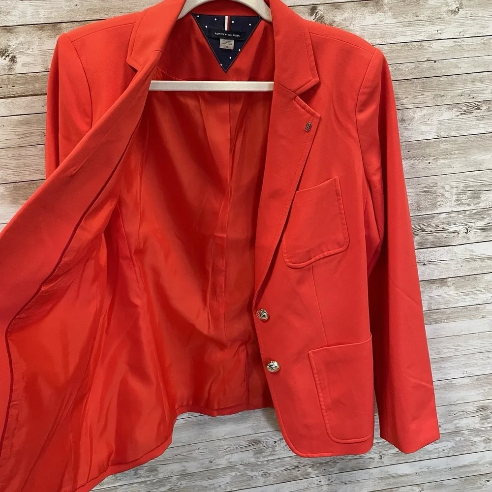 Tommy Hilfiger Womens 12 Blazer Classic Red 2‎ Button Silver Lapel Logo Lined
